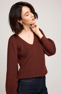 Gentle Fawn Hailey Sweater in mahogany, v-neck with balloon sleeves – Markham to Aurora style – Lemonberry boutique