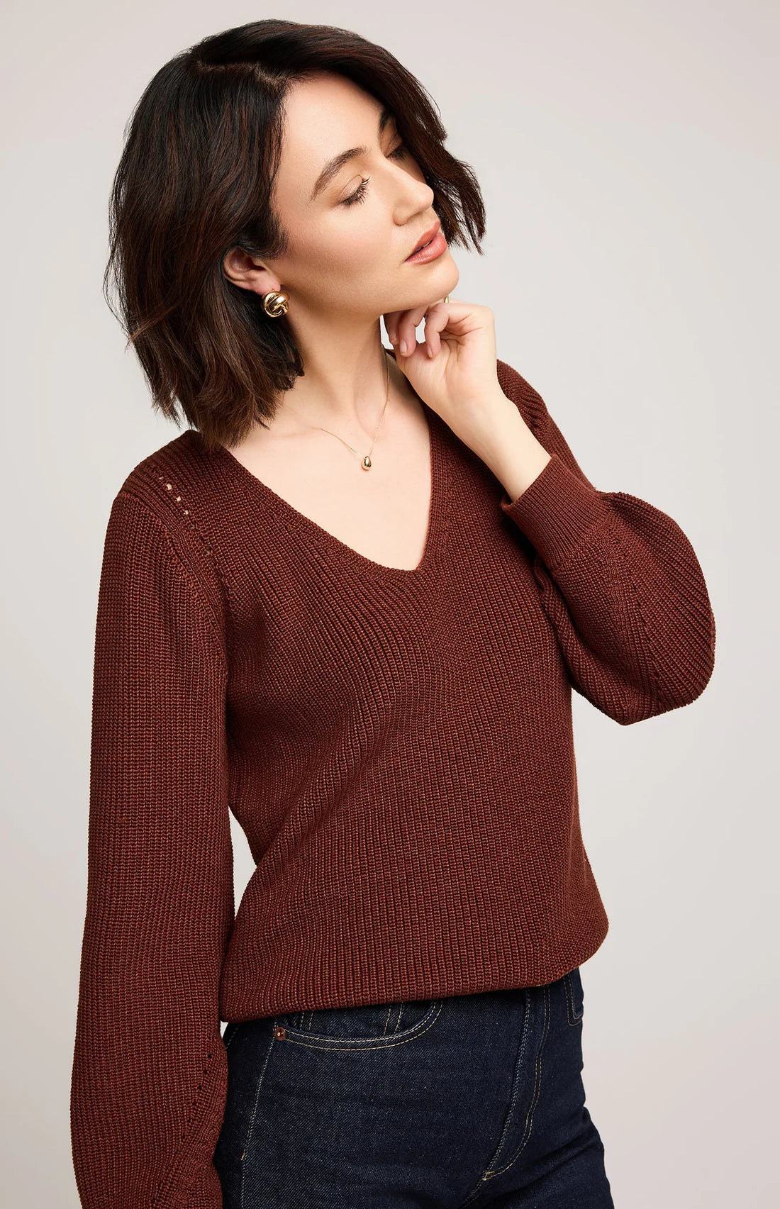 Gentle Fawn Hailey Sweater in mahogany, v-neck with balloon sleeves – Markham to Aurora style – Lemonberry boutique