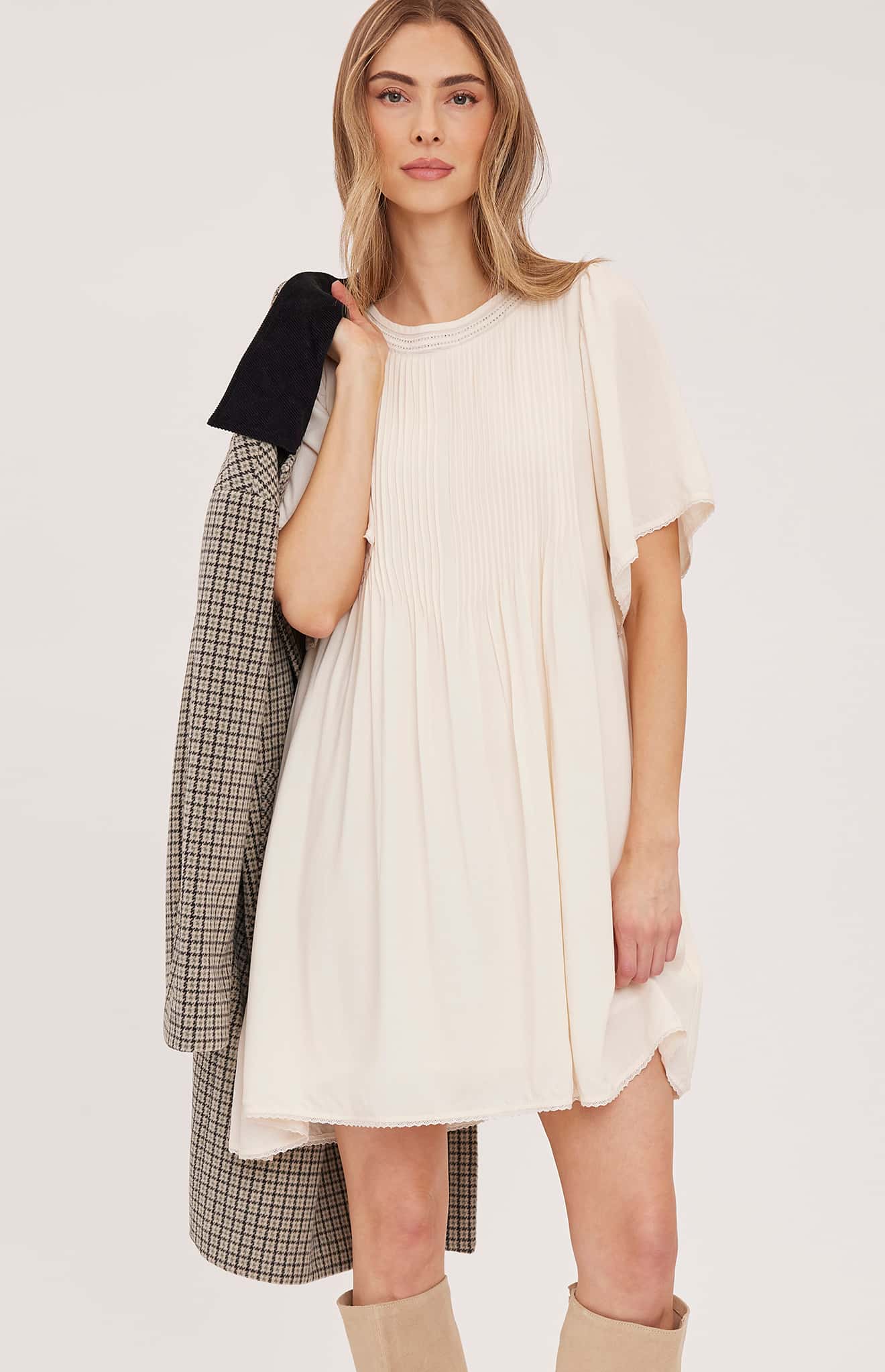 Gentle Fawn Heidi cream pintuck mini dress front view with coat Lemonberry Aurora