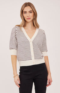 Front view of the Gentle Fawn Hildi cardigan in Fig Stripe showing its V-neck and button front