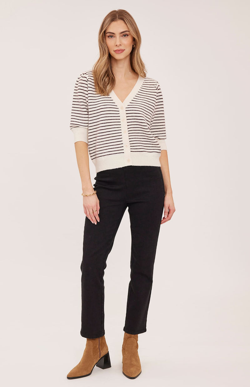 Full front view of the Gentle Fawn Hildi cardigan in Fig Stripe at Lemonberry Aurora