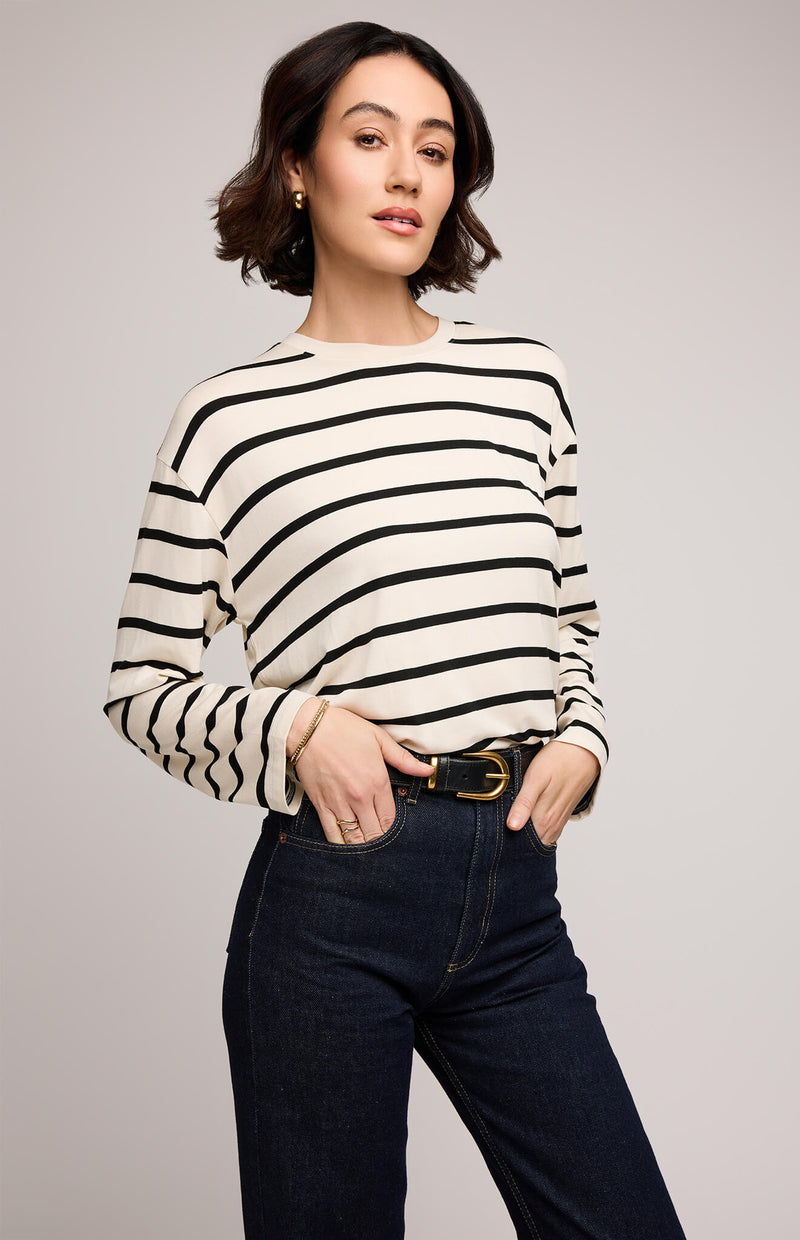 Gentle Fawn Indy Cream Stripe long sleeve top – front view, styled with jeans