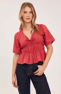 Gentle Fawn Iona Tie Front Blouse in Cranberry close-up front view at Lemonberry