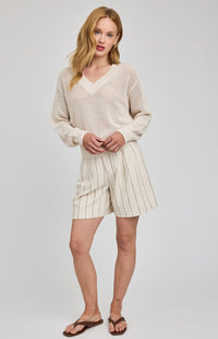 Gentle Fawn Jensen sweater linen open knit pullover styled with linen shorts Lemonberry Aurora