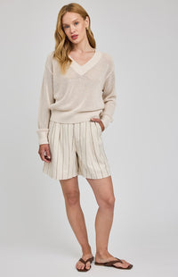 Gentle Fawn Jensen sweater linen open knit pullover styled with linen shorts Lemonberry Aurora