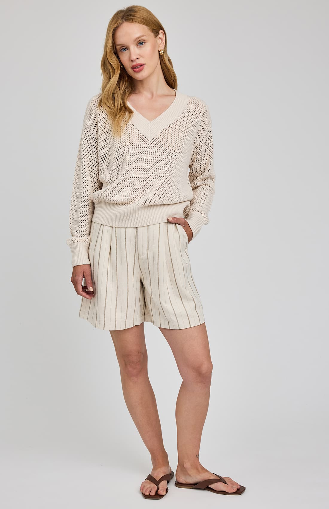 Gentle Fawn Jensen sweater linen open knit pullover styled with linen shorts Lemonberry Aurora
