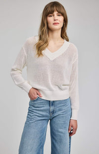 Gentle Fawn Jensen sweater white open knit V-neck lightweight pullover front view Lemonberry Aurora
