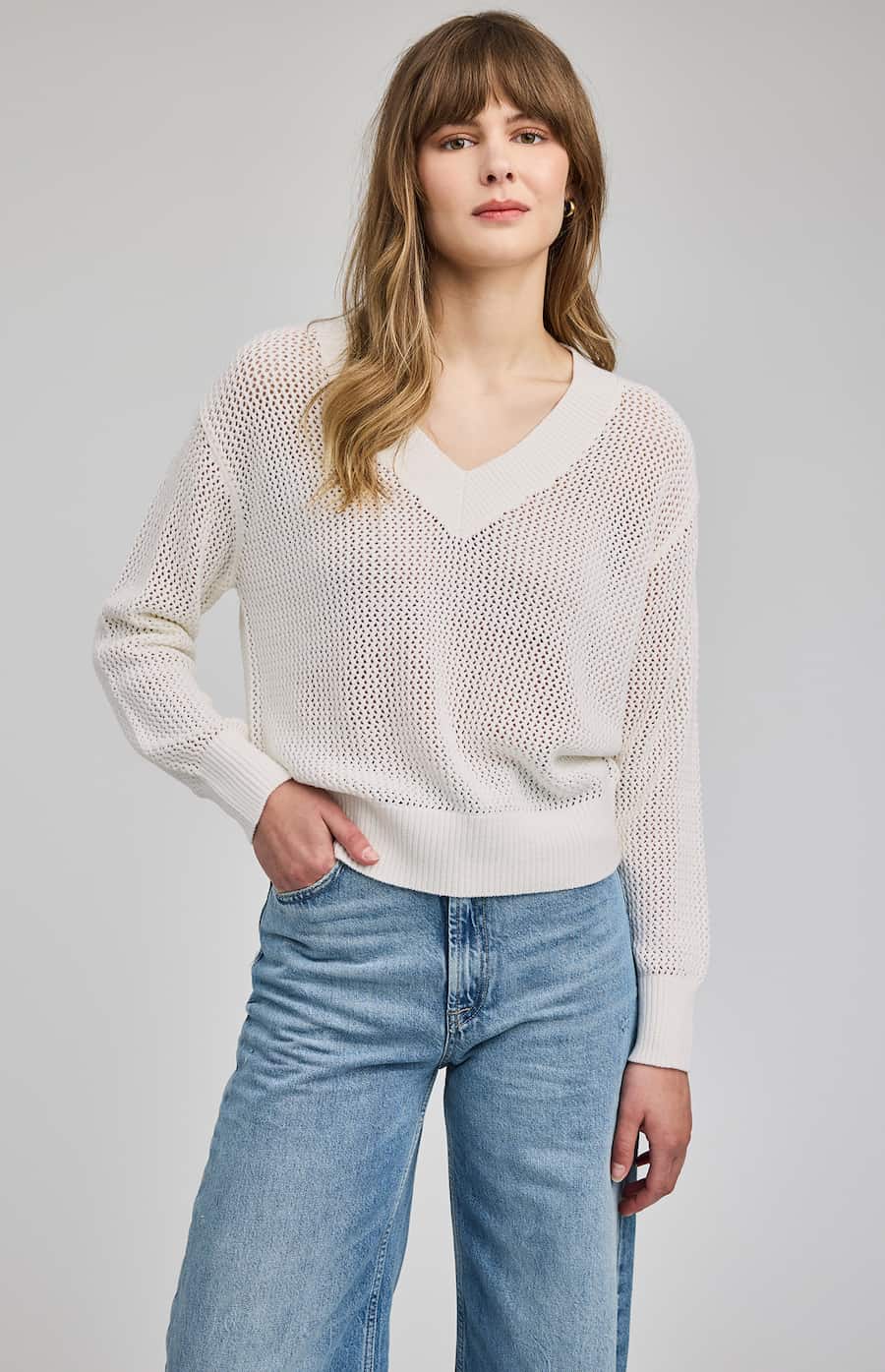 Gentle Fawn Jensen sweater white open knit V-neck lightweight pullover front view Lemonberry Aurora
