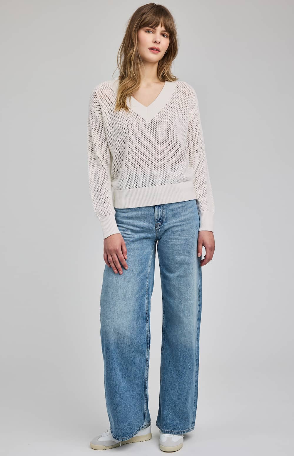 Gentle Fawn Jensen sweater white open knit pullover styled with denim Lemonberry Aurora