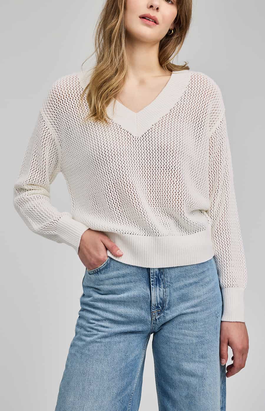 Gentle Fawn Jensen sweater white open knit V-neck relaxed fit knit top Lemonberry Aurora