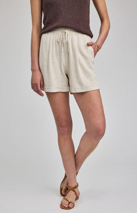 Gentle Fawn Juno Linen Blend Drawcord Shorts detailed front view Lemonberry Aurora