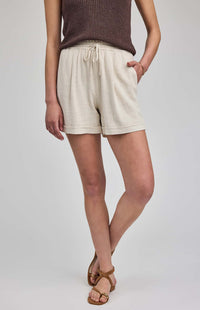 Gentle Fawn Juno Linen Blend Drawcord Shorts detailed front view Lemonberry Aurora