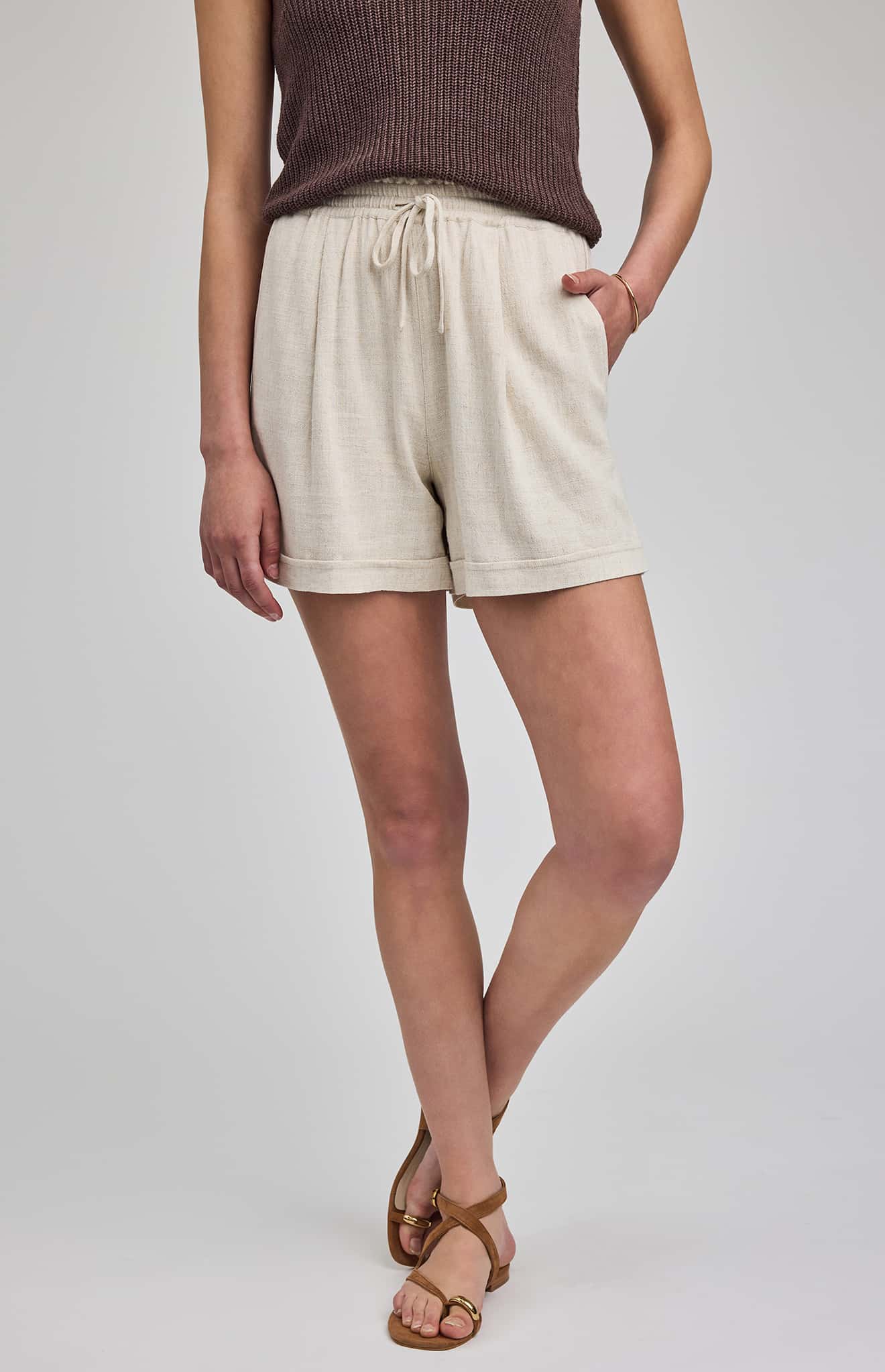 Gentle Fawn Juno Linen Blend Drawcord Shorts detailed front view Lemonberry Aurora