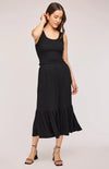 Full-body view of model wearing the Gentle Fawn Layla Tank and Elaine Skirt in black. A chic, coordinated set with a textured knit finish.