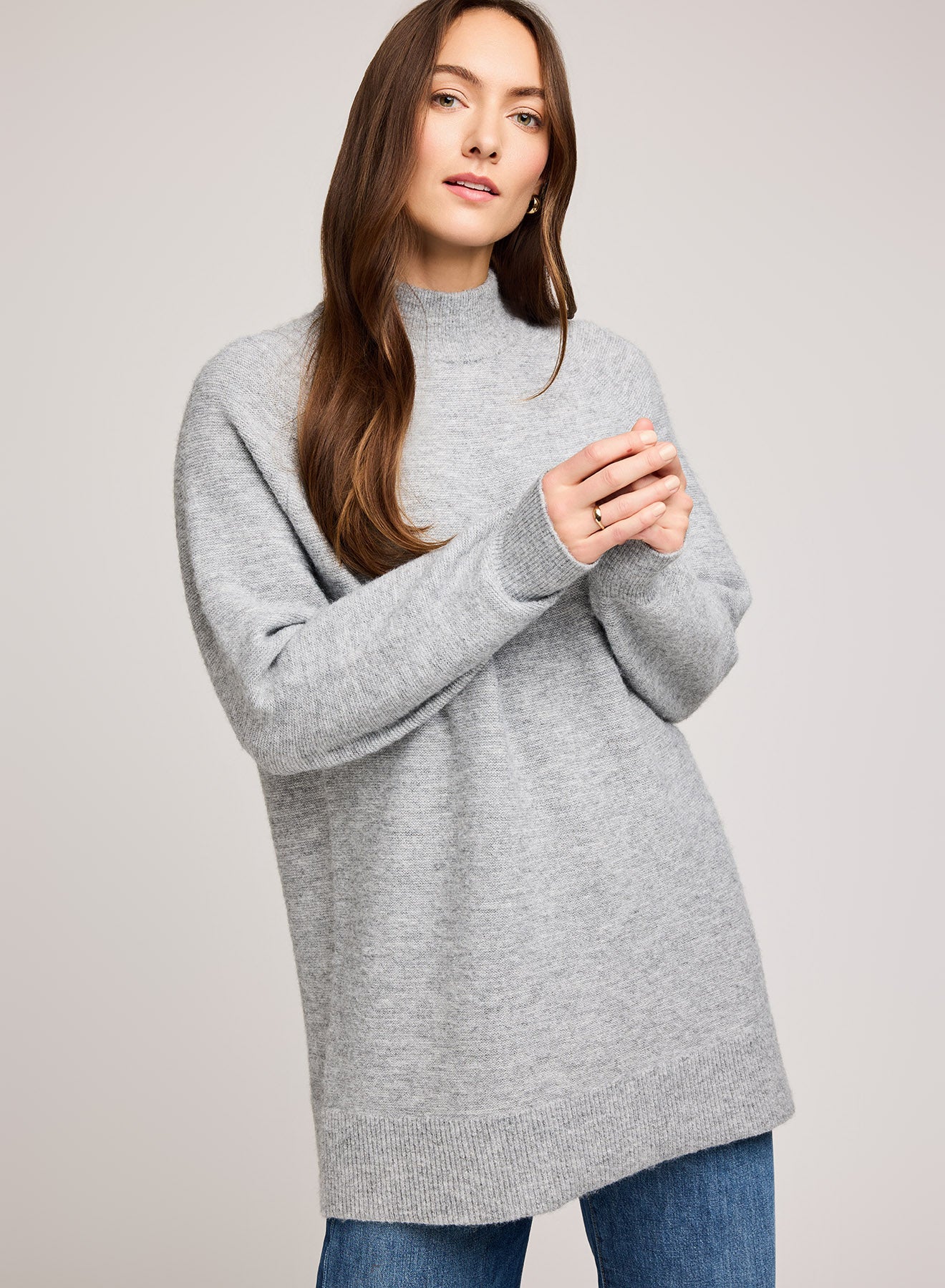 Model wearing Gentle Fawn Lena Sweater with denim – cozy everyday style.