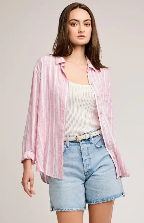 Front view of the Gentle Fawn Luka Shirt styled open over a ribbed tank with denim shorts