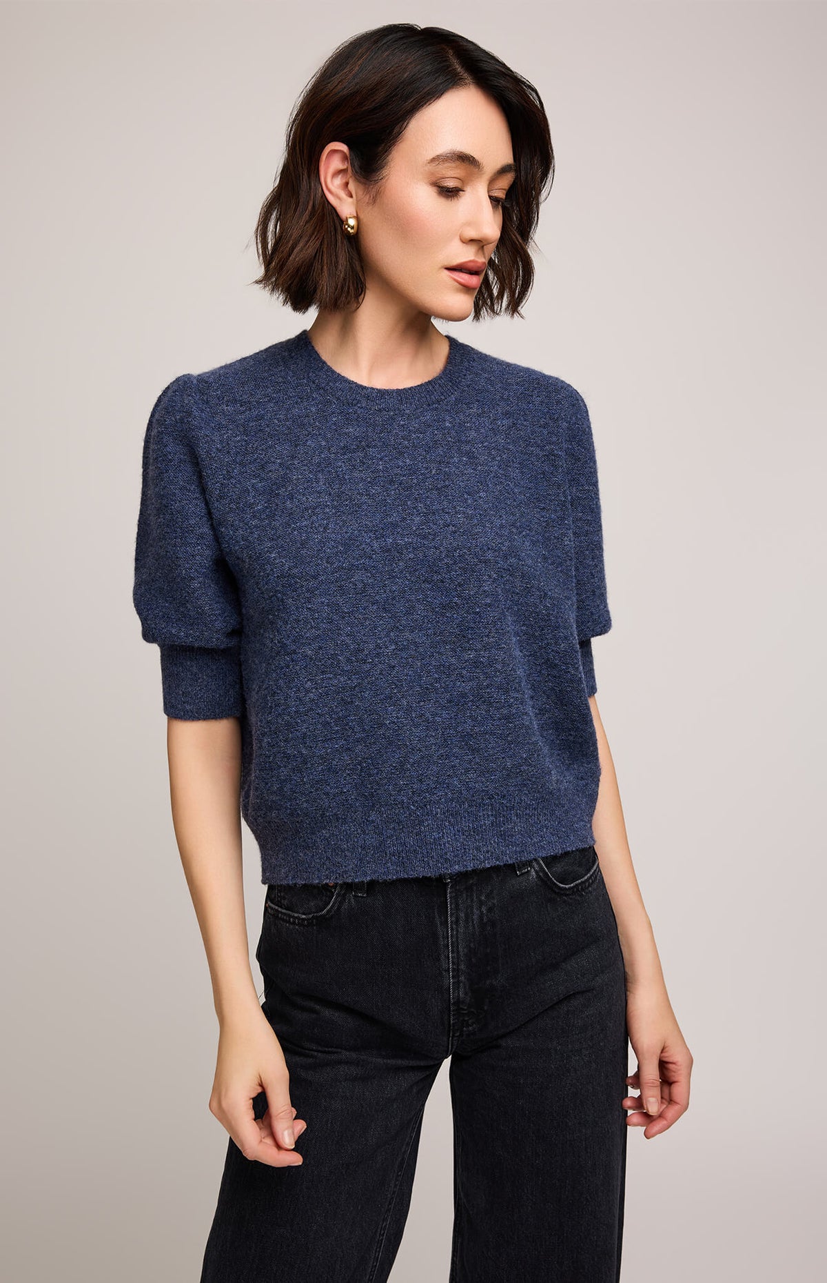 Gentle Fawn Marisol Knit Top in Heather Blue, angled view showing textured horizontal knit pattern.
