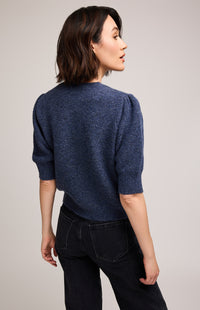 Gentle Fawn Marisol Knit Top in Heather Blue, back view with clean crew neckline, available at Lemonberry in Aurora.