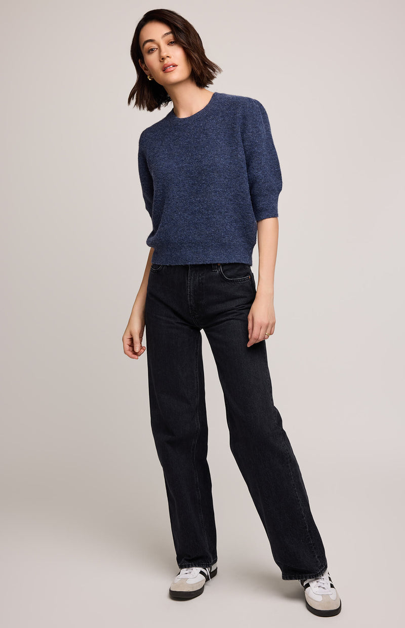 Gentle Fawn Marisol Knit Top in Heather Blue, front view with puff sleeves, available at Lemonberry in Aurora.