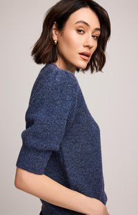 Gentle Fawn Marisol Knit Top in Heather Blue, side view highlighting puff sleeve detail and soft brushed yarn.