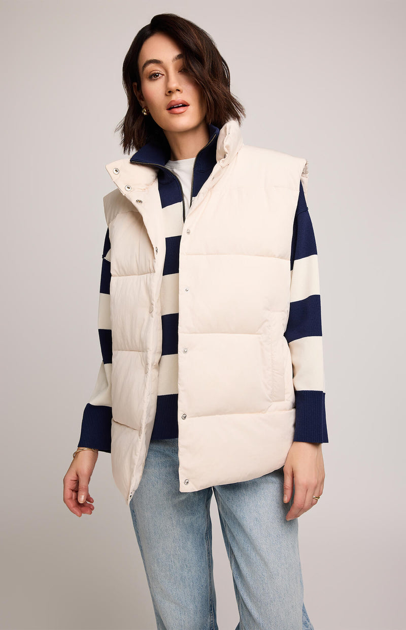 Front view of Gentle Fawn Nora Vest in cream with snap-front closure and welt pockets.
