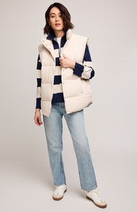 Gentle Fawn Nora Vest in cream styled with striped sweater and denim, available at Lemonberry Boutique Aurora.