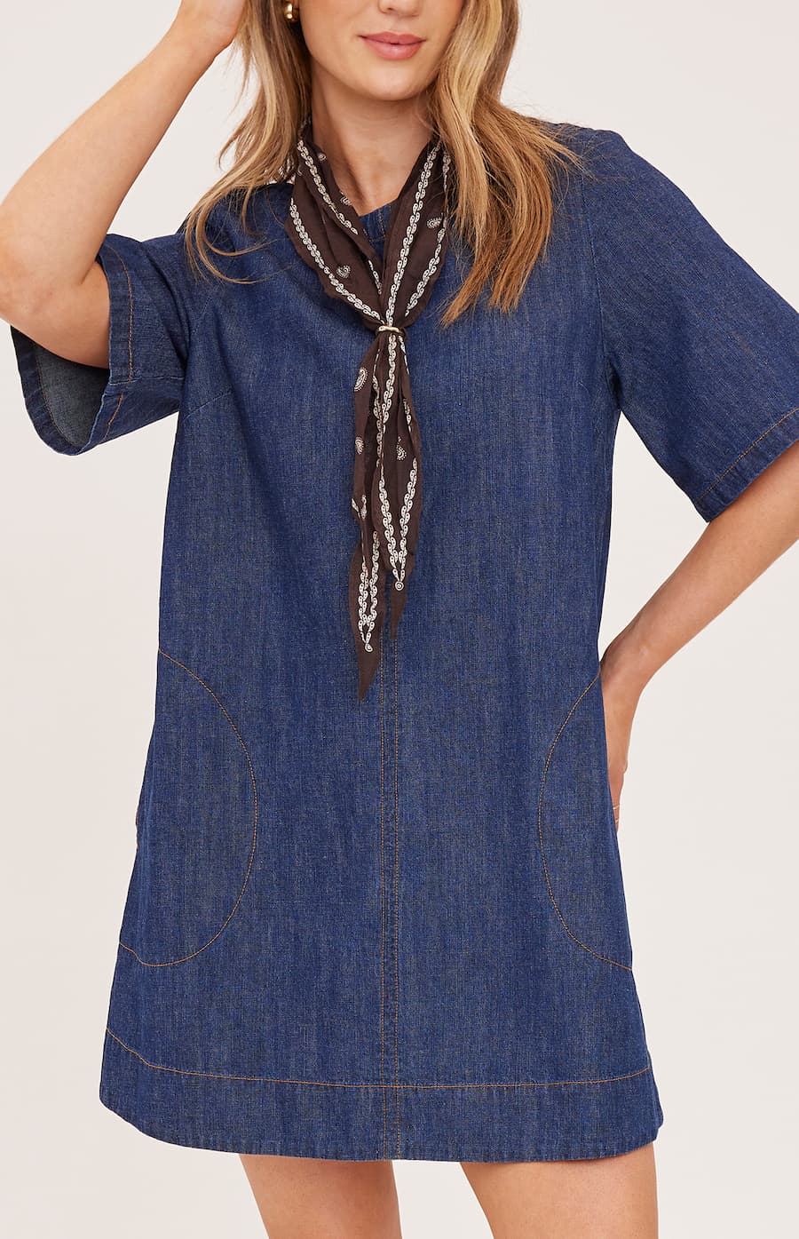Gentle Fawn Penelope dark-wash denim dress contrast stitching and pocket detail Lemonberry Aurora