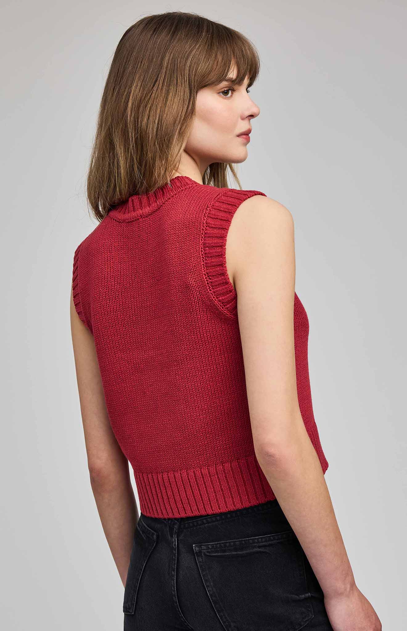 Gentle Fawn Pippa knit vest in garnet, ribbed hem and arm detail, back view