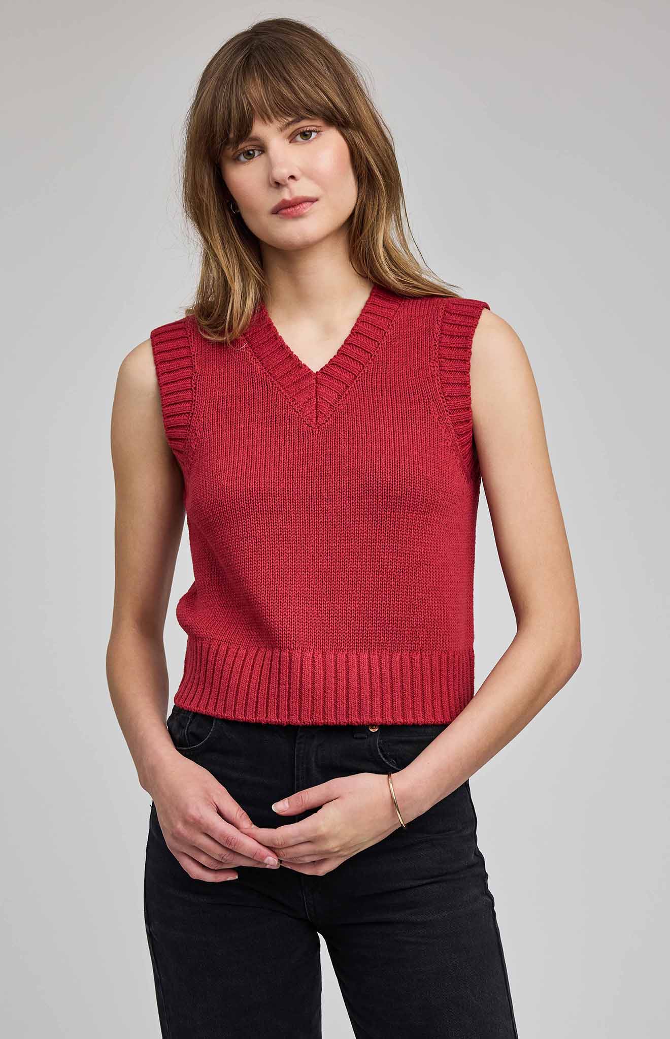 Close-up of Gentle Fawn Pippa vest knit texture in garnet