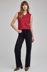 Gentle Fawn Pippa vest styled with denim, garnet sleeveless knit from Lemonberry