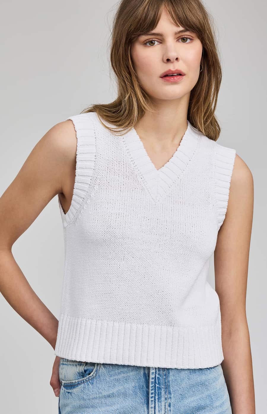 Gentle Fawn Pippa vest in white, sleeveless V-neck knit, front view at Lemonberry Aurora