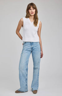 Gentle Fawn Pippa vest styled with denim, white sleeveless knit from Lemonberry
