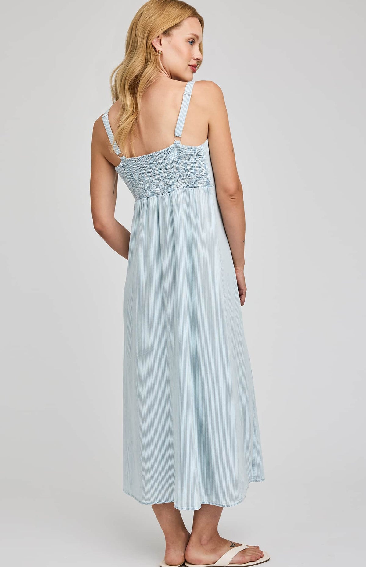 Gentle Fawn Renata Tencel midi dress blue stripe back view with smocked panel Lemonberry Aurora