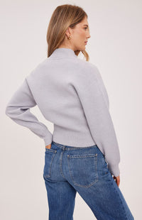 Back view of Gentle Fawn Rowan Jacket in Heather Grey, showing ribbed waistband and drop shoulders – Lemonberry Aurora.