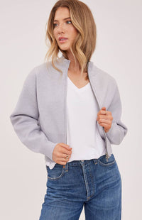 Closeup of Gentle Fawn Rowan Jacket in Heather Grey, zip-front knit with soft collar – Lemonberry Aurora.