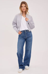 Model wearing Gentle Fawn Rowan Jacket in Heather Grey, front view, styled with jeans and white tee – Lemonberry Aurora.