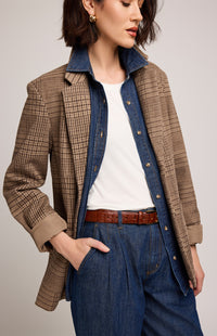 Styled look featuring Gentle Fawn Sapphira Jacket in chocolate check layered over denim and white tee.