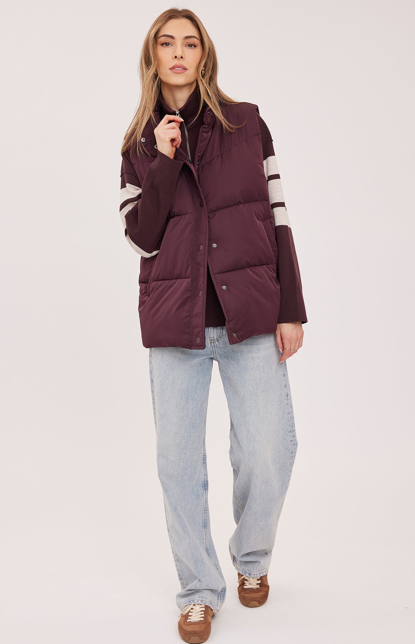 Full front view of the Gentle Fawn Shiloh puffer vest in Fig at Lemonberry Aurora