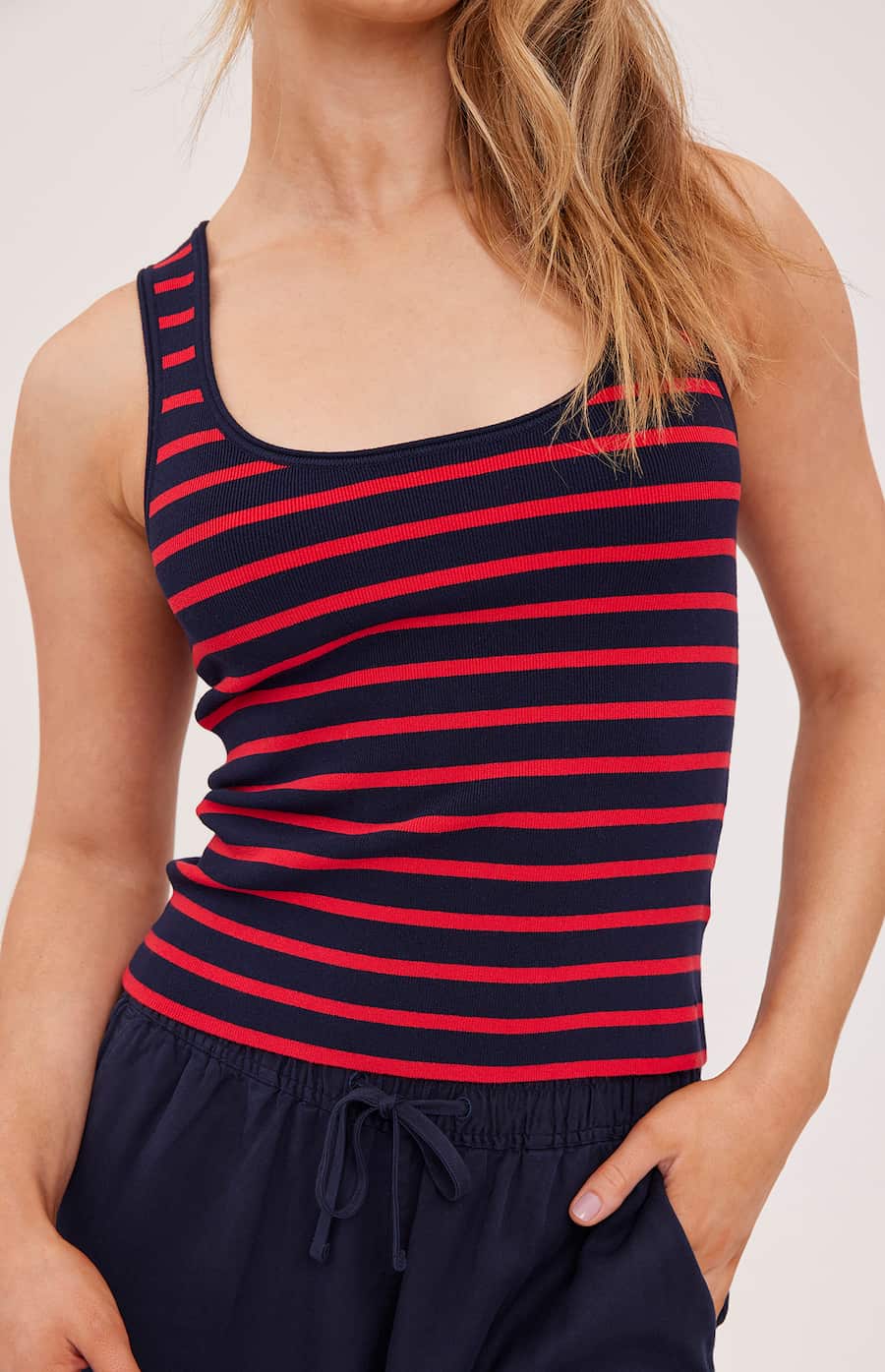 Close-up of Gentle Fawn Sierra ribbed knit stripe detail in navy and red