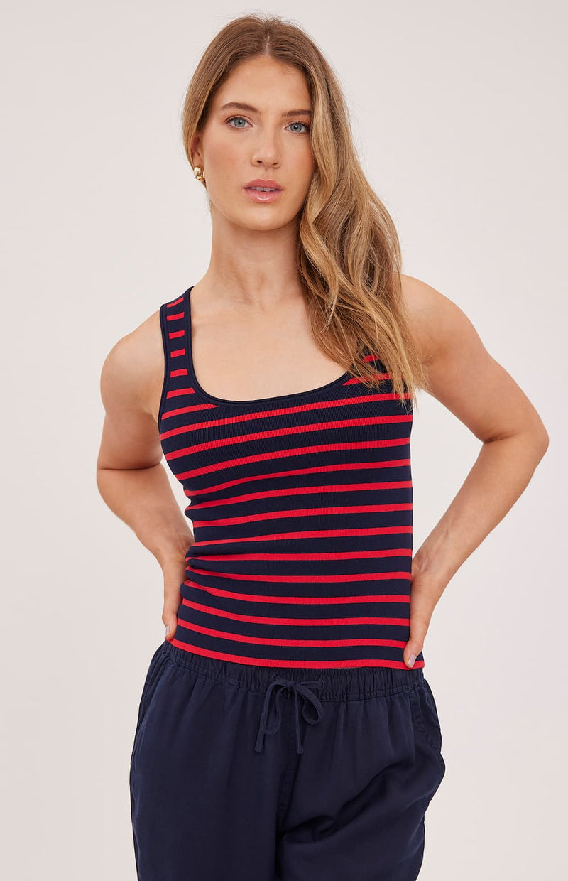 Gentle Fawn Sierra tank in navy with red stripe, ribbed sleeveless knit, front view at Lemonberry Aurora