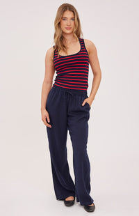 Gentle Fawn Sierra tank styled casually, navy red stripe, full-length look from Lemonberry Aurora