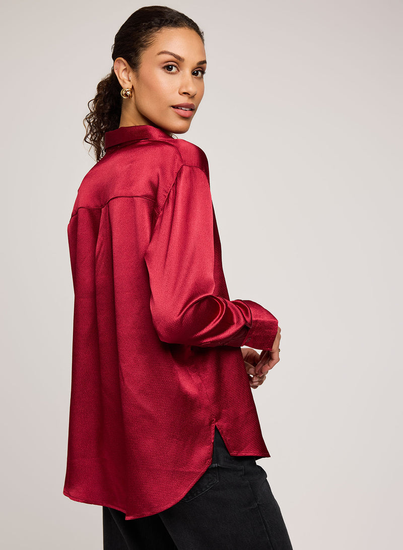 Crimson Gentle Fawn Simone Blouse – close-up of satin texture and collar detail.