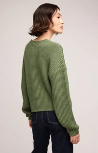 Back view of Spencer Sweater in olive cotton blend with half-cardigan stitch—available in Aurora at Lemonberry.