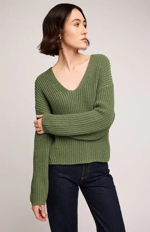 Close-up of Spencer Sweater neckline and knit detail, Gentle Fawn cotton blend V-neck—shop Lemonberry.