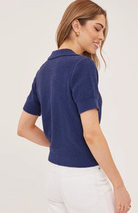 Gentle Fawn Tatum navy knit polo top angled-back view Lemonberry Aurora