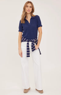 Gentle Fawn Tatum navy knit polo top front full-length view Lemonberry Aurora