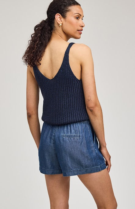 Gentle Fawn Tessa shorts dark blue tencel drawstring waist back view Lemonberry Aurora