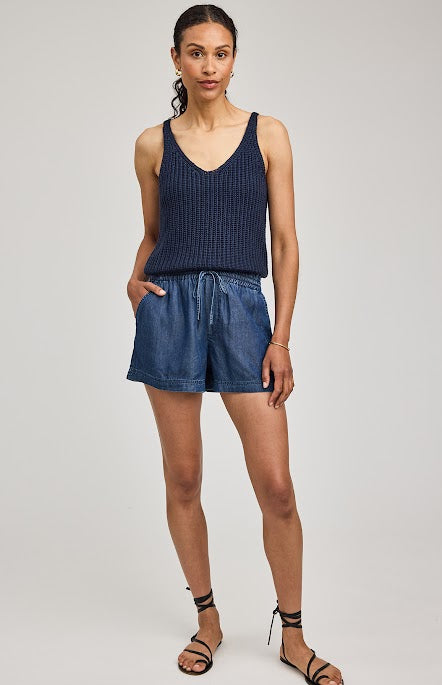 Gentle Fawn Tessa shorts dark blue tencel drawstring waist full front view Lemonberry Aurora