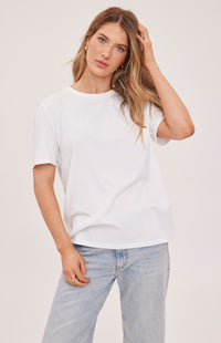 Women’s white crewneck t-shirt by Gentle Fawn, front view — Lemonberry Aurora