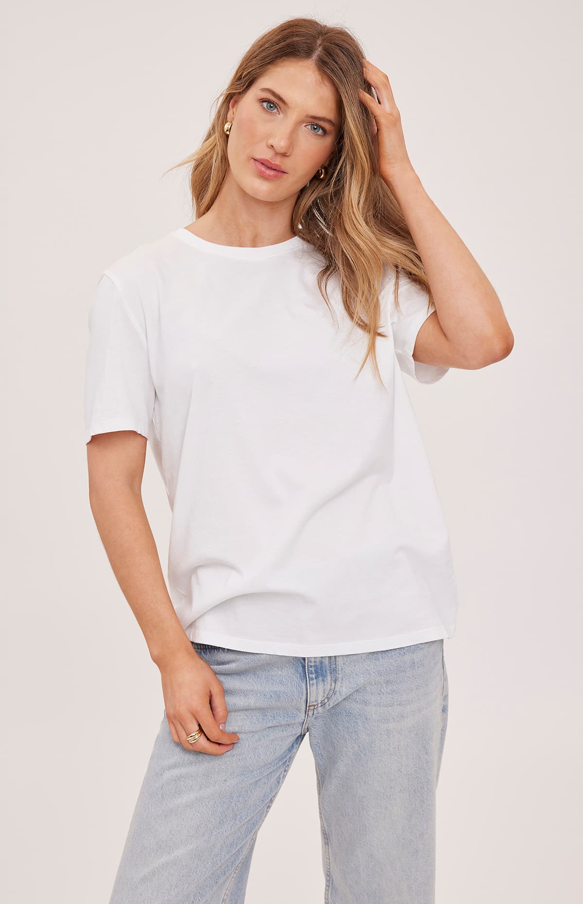 Women’s white crewneck t-shirt by Gentle Fawn, front view — Lemonberry Aurora